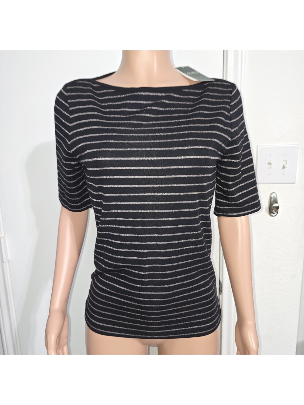 Ralph Lauren Black Metallic Stripe Top Parisian Boat Neck Quiet Luxury